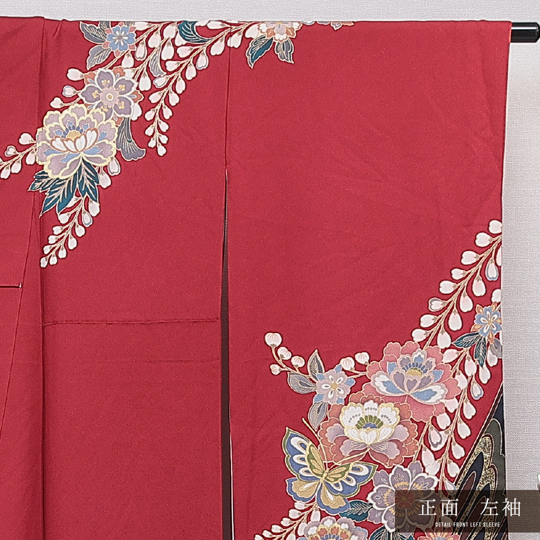 振袖 袷 身丈167cm 裄丈66cm 正絹 Sランク フォーマル 広衿 XLサイズ 蝶 牡丹 赤系 RP 1215-07009