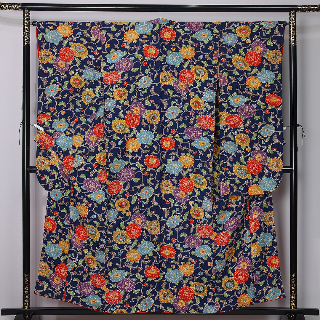 振袖 袷 身丈156cm 裄丈65cm 正絹 Sランク フォーマル 広衿 Mサイズ 菊 紺系 RP 1215-06768