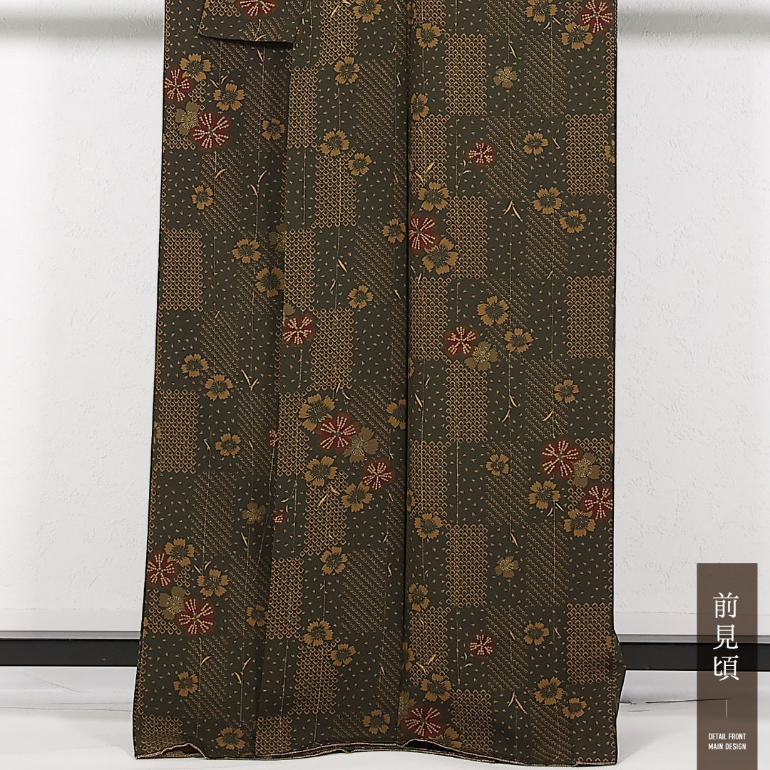 洗える着物 小紋 袷 身丈164cm 裄丈66cm ポリエステル Sランク インフォーマル 広衿 2XLサイズ 市松 桜 茶系 RP 1221-17459