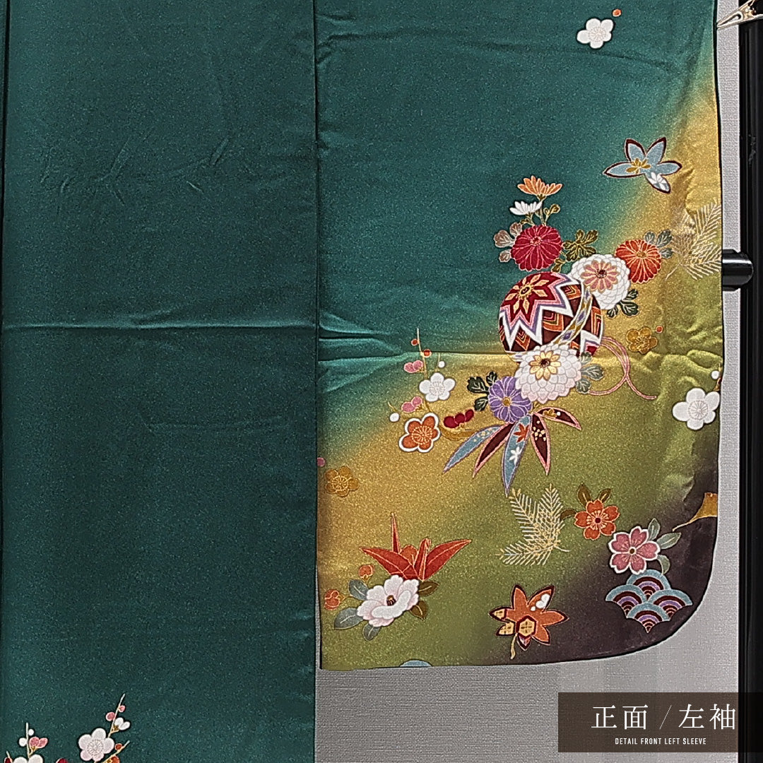 振袖 袷 身丈167cm 裄丈71cm 正絹 Aランク フォーマル 広衿 XLサイズ 毬 牡丹 緑系 RP 1215-06985