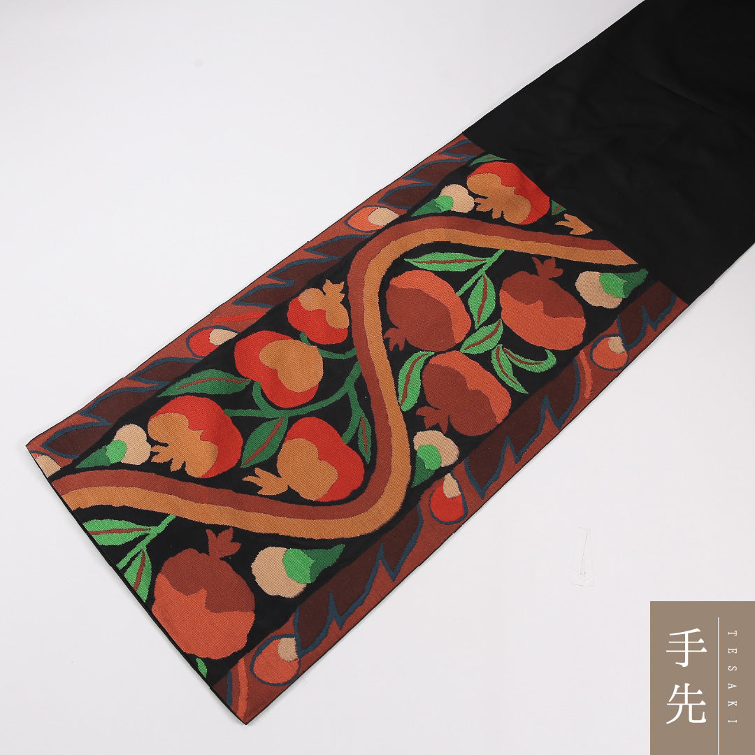 植物柄 袋帯 帯丈424cm 正絹 六通 インフォーマル 黒系 1243-02607