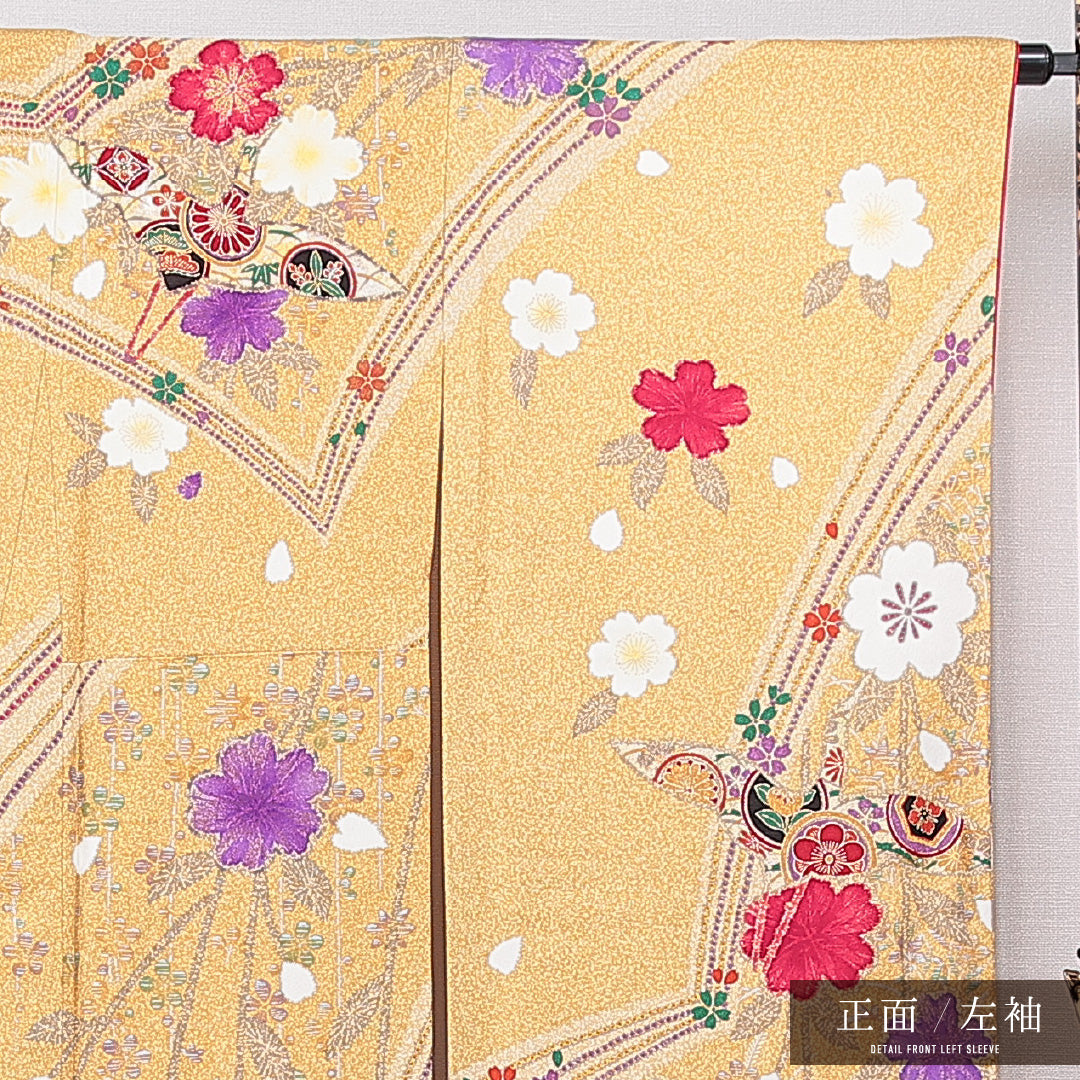 振袖 袷 身丈160cm 裄丈66cm 正絹 Sランク フォーマル 広衿 Lサイズ 鶴 花柄 黄系 RP 1215-07047
