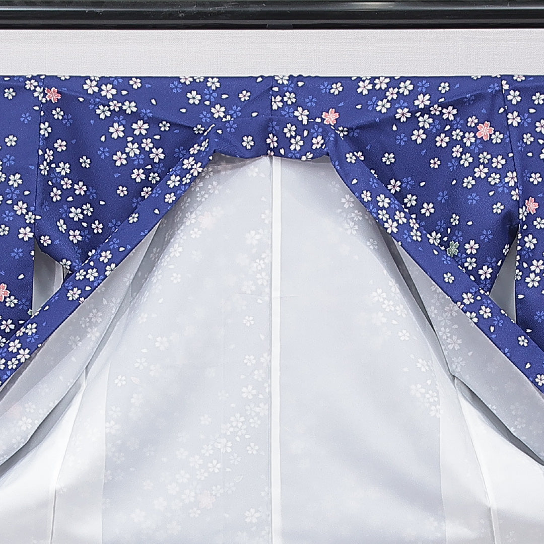 洗える着物 振袖 袷 身丈150cm 裄丈59cm ポリエステル Sランク フォーマル バチ衿 Sサイズ 花柄 紺系 RP 1215-07079