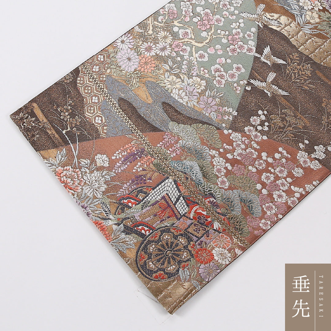 花車 袋帯 帯丈432cm 正絹 六通 フォーマル 茶系 ベージュ系 1243-02636
