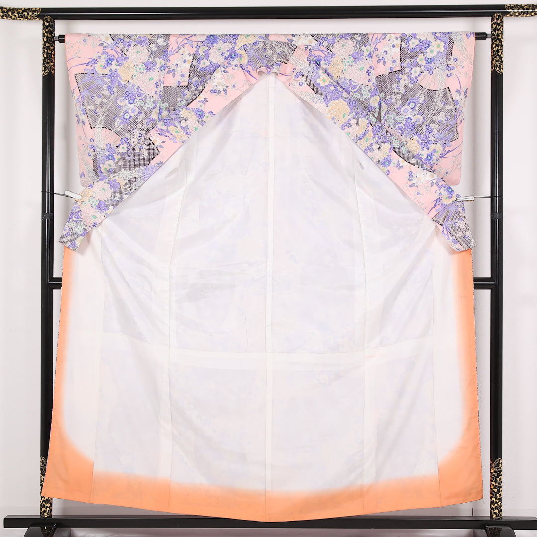 洗える着物 小紋 袷 身丈158cm 裄丈63cm ポリエステル Sランク インフォーマル 広衿 Sサイズ 花扇 ピンク系 RP 1221-17493