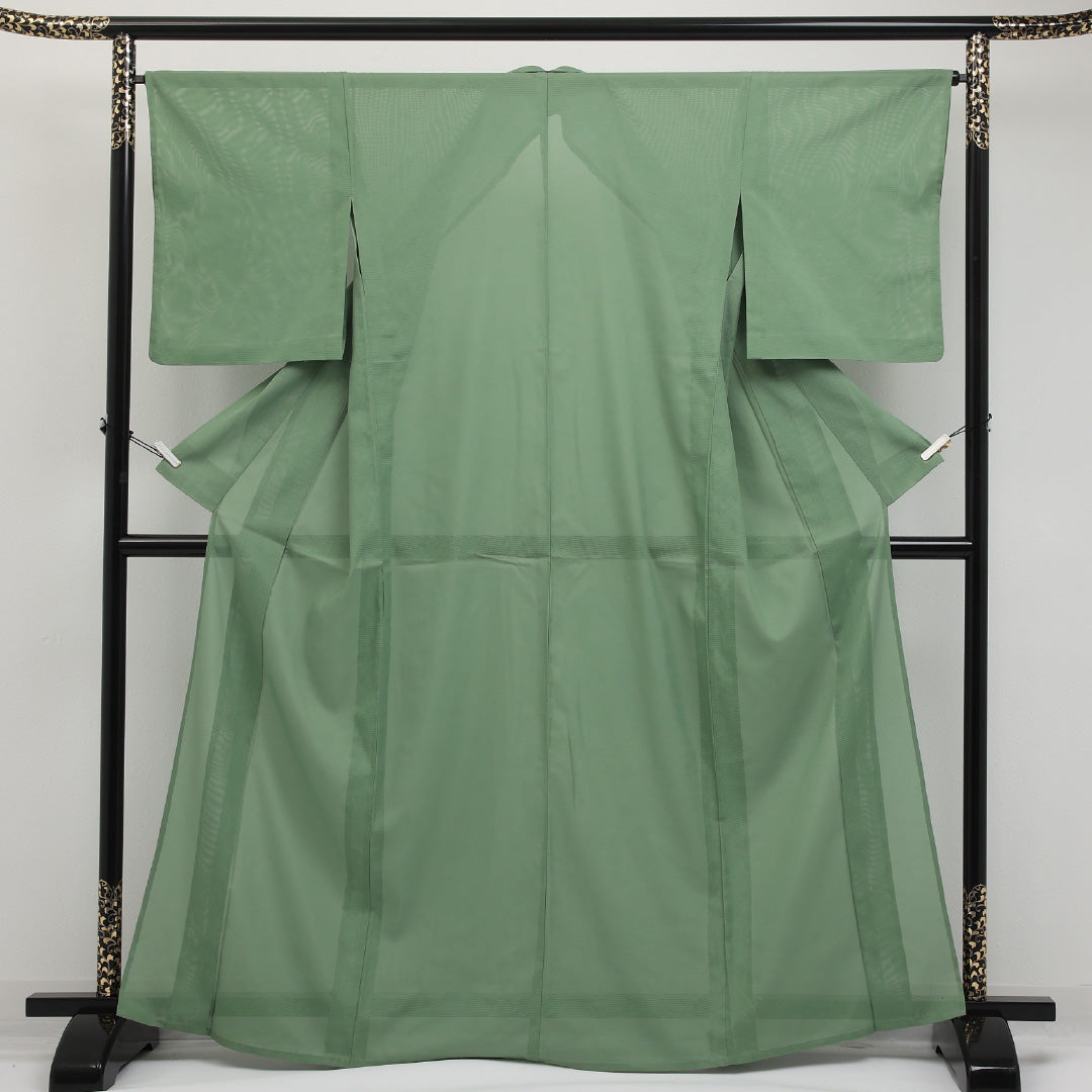 夏物 洗える着物 色無地 絽 身丈163cm 裄丈65cm ポリエステル Cランク インフォーマル 広衿 XLサイズ 無地 緑系 RP 1219-17317