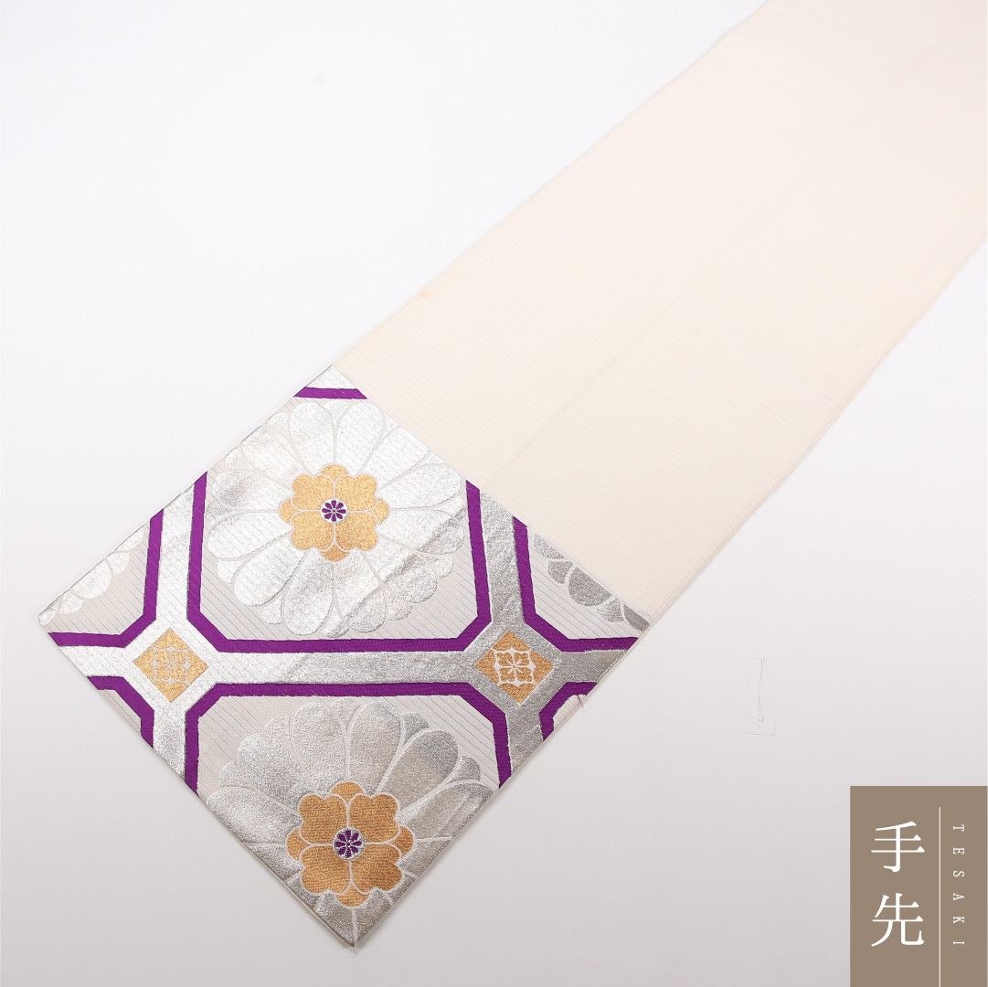 夏物 袋帯 帯丈404cm 正絹 六通 セミフォーマル 蜀江 菊 クリーム系 紫系 1243-02517