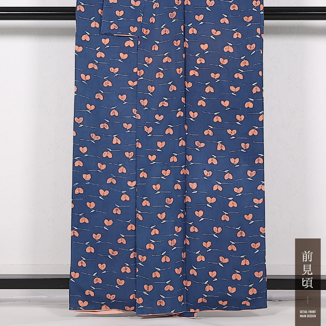 アンティーク 小紋 袷 身丈158cm 裄丈63cm 正絹 Aランク 広衿 Mサイズ 花柄 紺系 RP 1221-17534