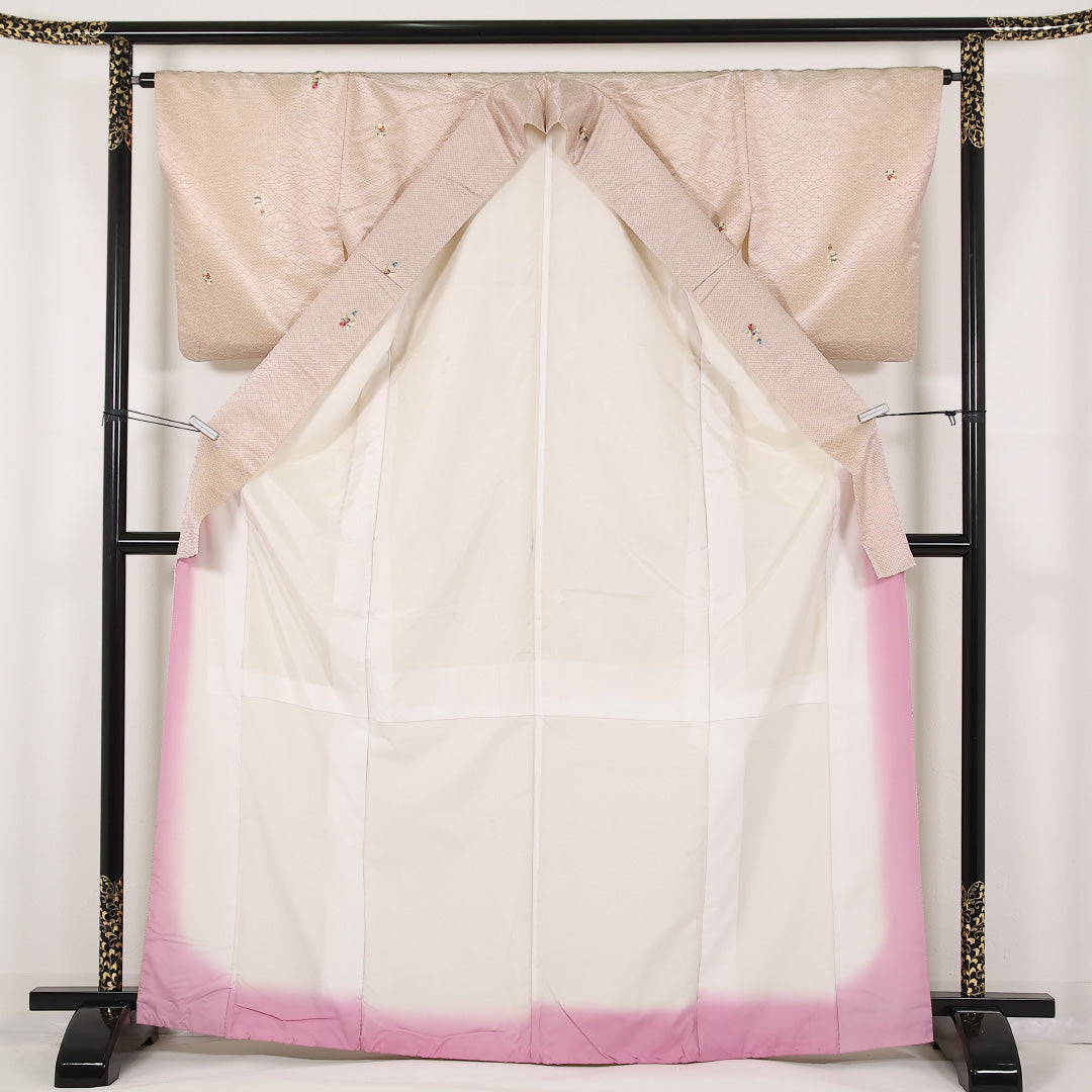 洗える着物 小紋 袷 身丈168cm 裄丈64cm ポリエステル Sランク インフォーマル 広衿 Lサイズ 唐子 クリーム系 RP 1221-17458