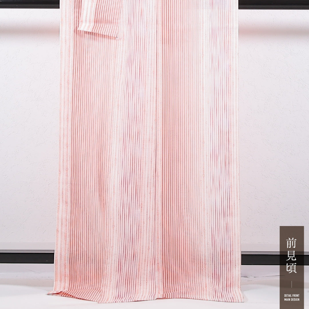 洗える着物 小紋 単衣 身丈171cm 裄丈66cm ポリエステル Aランク インフォーマル バチ衿 Mサイズ 縞 朱系 RP 1221-17379