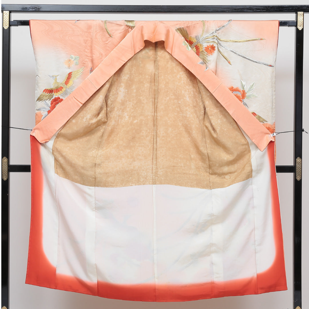 アンティーク 小振袖 (錦紗) 袷 身丈145cm 裄丈63cm 正絹 Cランク 一つ紋 (蔦) 広衿 XSサイズ 唐織 花喰鳥 朱系 M4 1216-06303