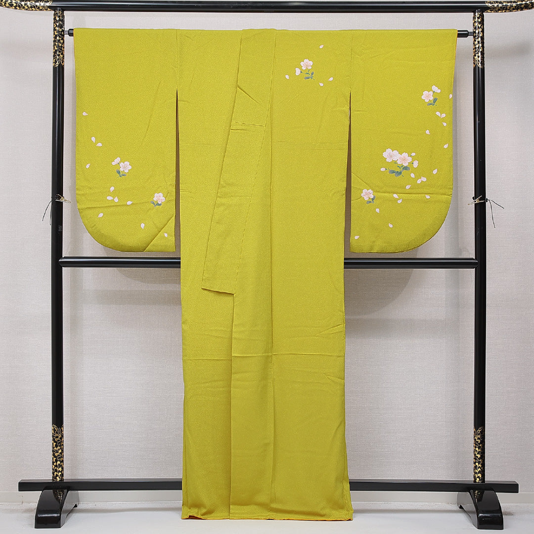 洗える着物 小振袖 袷 身丈166cm 裄丈67cm ポリエステル Cランク セミフォーマル 広衿 XLサイズ 桜 黄系 HP 1216-07070