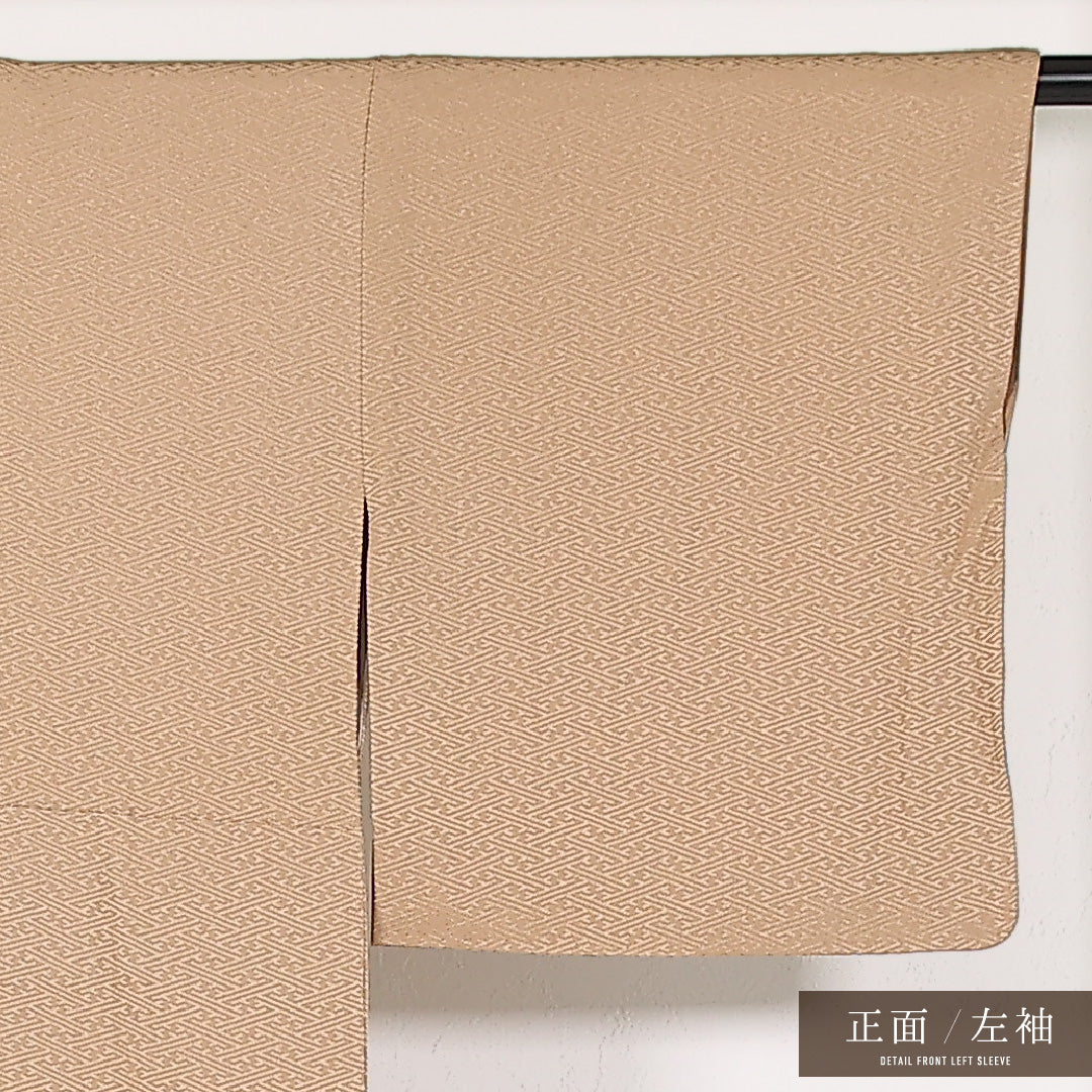 色無地 袷 身丈157cm 裄丈63cm 正絹 Aランク 一つ紋 (梅鉢) 紋意匠 (紗綾形) セミフォーマル 広衿 XSサイズ ベージュ系 RP 1219-17484