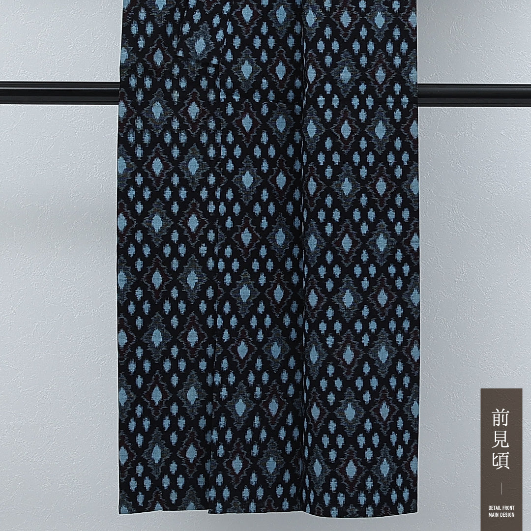 アンティーク 紬 単衣 身丈143cm 裄丈62cm 正絹 Aランク バチ衿 Mサイズ 居敷当て 肩当て 菱絣 紺系 RP 1223-17251