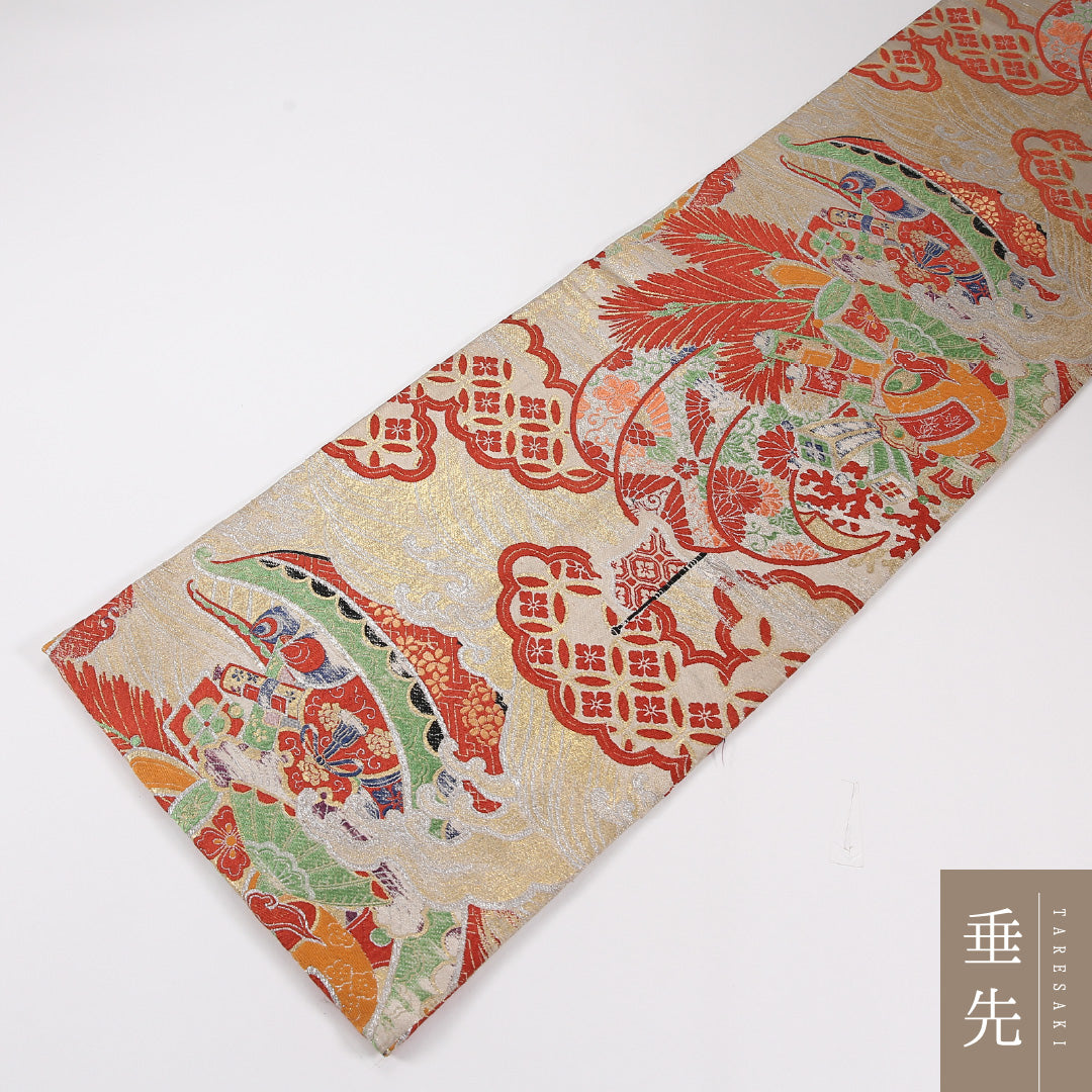 吉祥文様 アンティーク 丸帯 帯丈368cm 正絹 全通 クリーム系 1243-02605