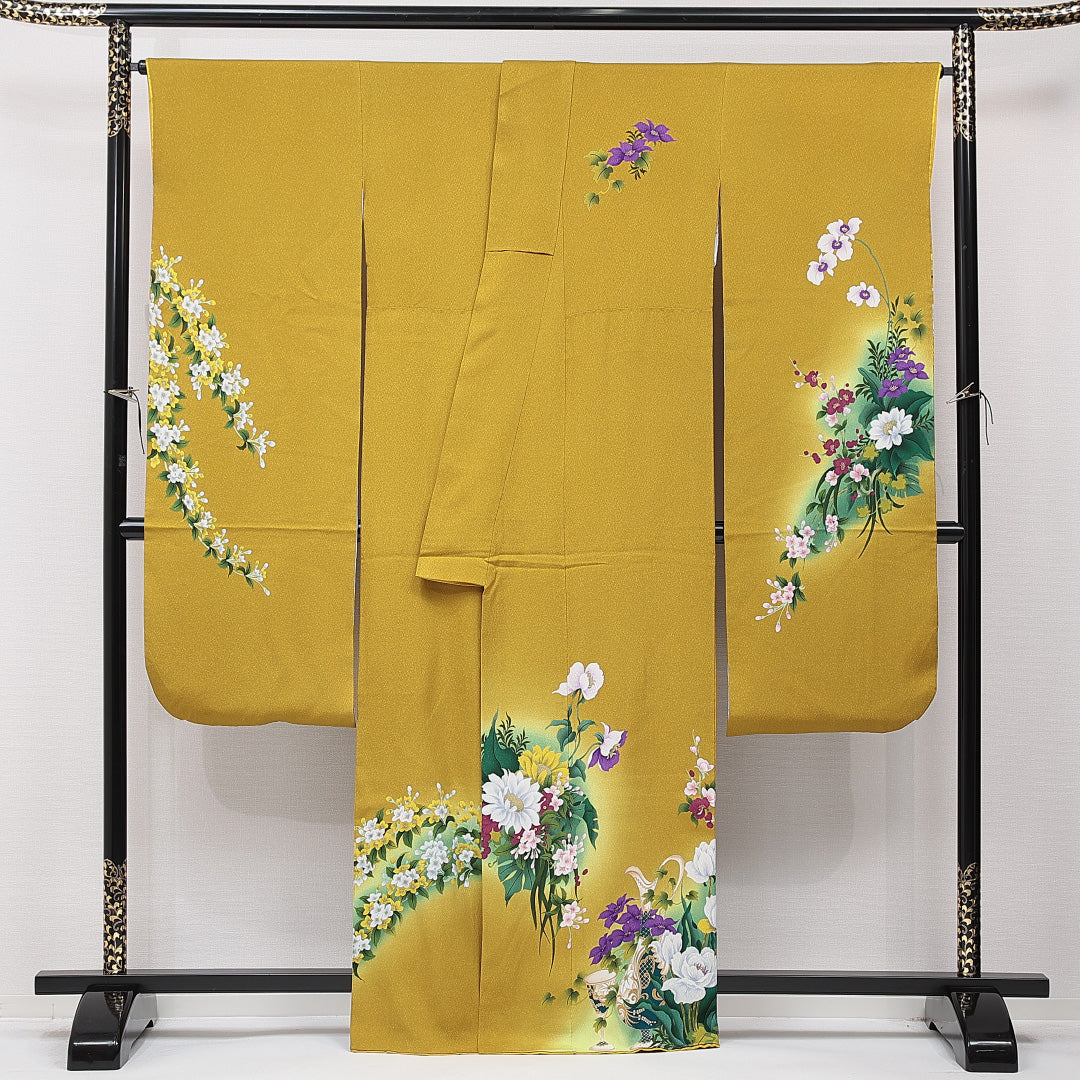 振袖 袷 身丈162cm 裄丈67cm 正絹 Sランク フォーマル 広衿 Lサイズ 百合 黄系 RP 1215-06981