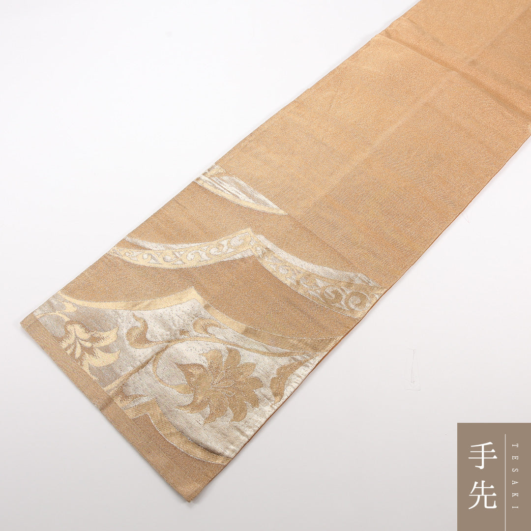 袋帯 帯丈408cm 正絹 六通 セミフォーマル 唐草 茶系 1243-02530