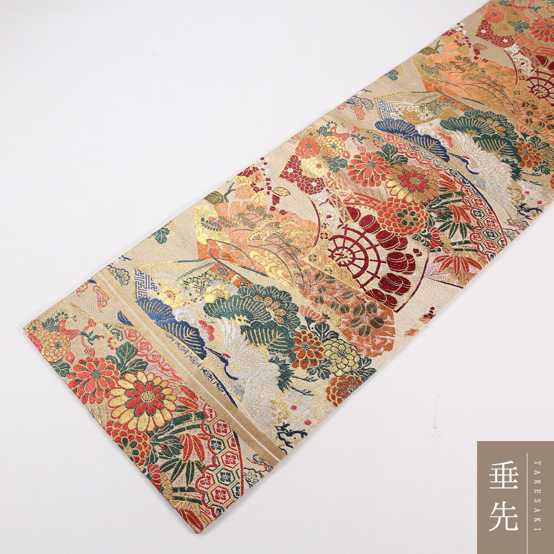 アンティーク 丸帯 帯丈388cm 正絹 全通 扇面文 菊 松 ベージュ系 1242-02566