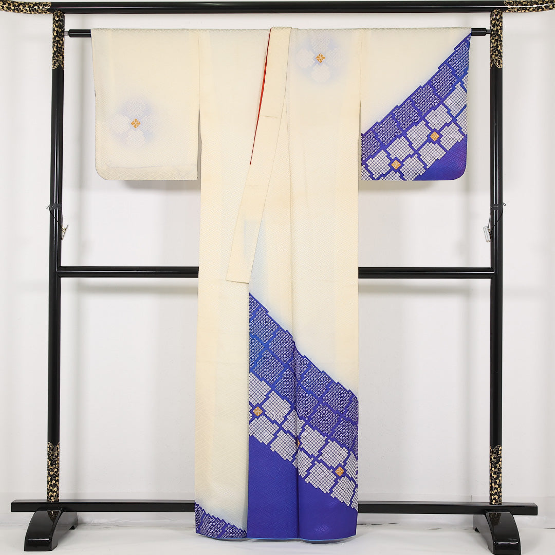 洗える着物 付下げ 袷 身丈161cm 裄丈66cm ポリエステル Aランク 踊り用 バチ衿 Mサイズ 幾何学柄 クリーム系 RP 1218-17435