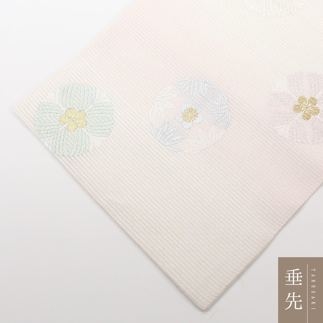 夏物 袋帯 帯丈432cm 正絹 六通 インフォーマル 丸文 クリーム系 ピンク系 1243-02518