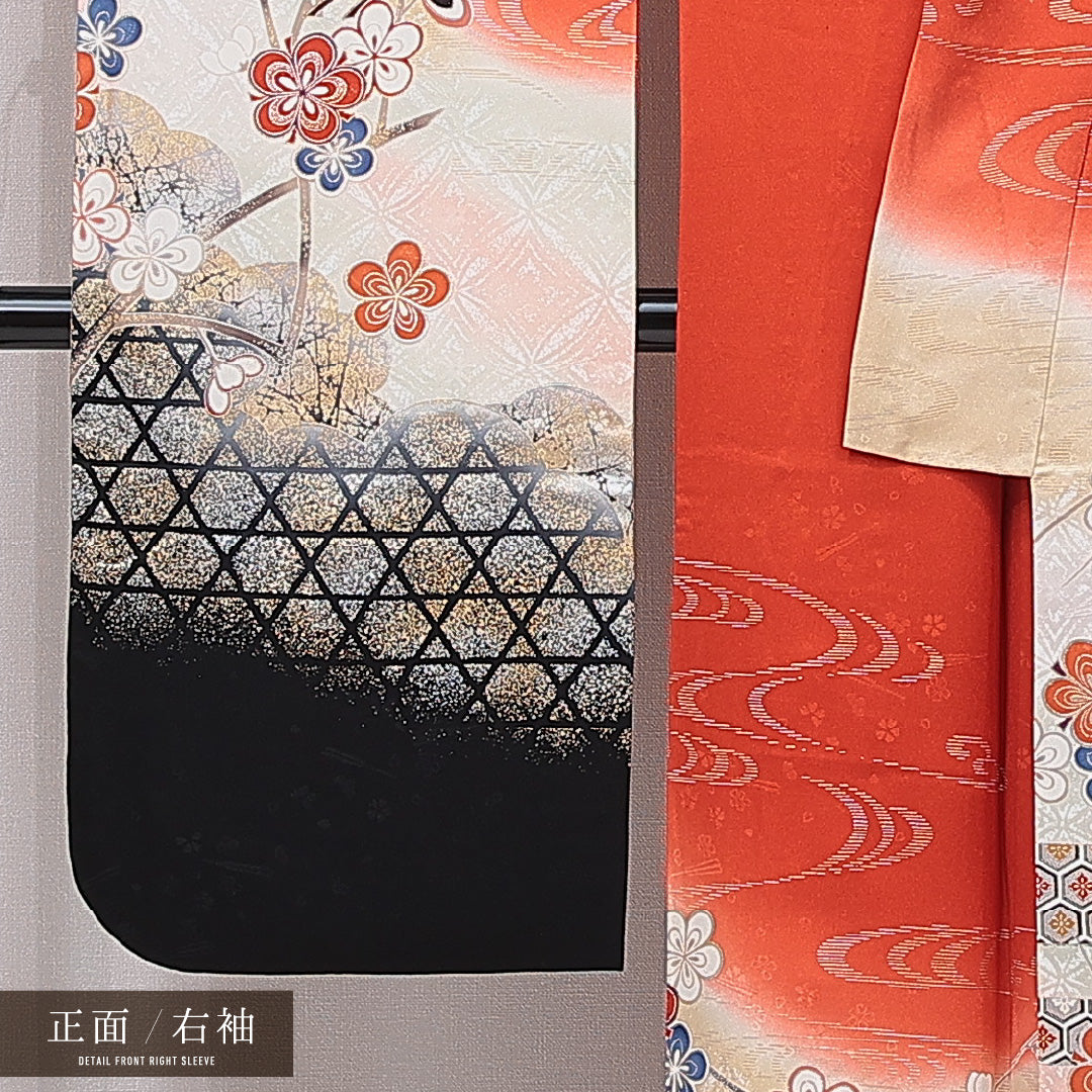 振袖 袷 身丈165cm 裄丈66cm 正絹 Sランク フォーマル 広衿 XLサイズ 蝶 亀甲 菊 朱系 RP 1215-06993