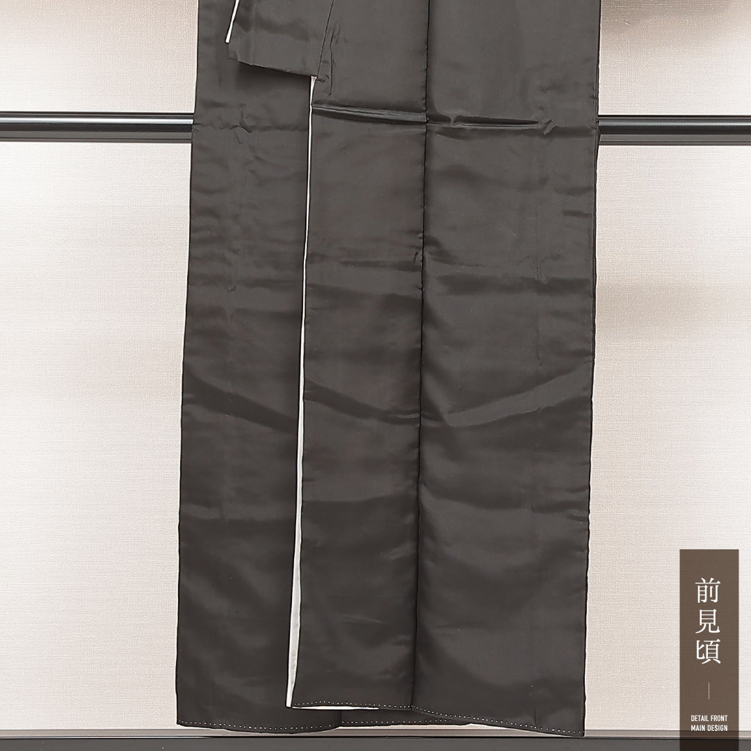 黒紋付 袷 身丈151cm 裄丈62cm 正絹 Sランク 五つ紋 (梅鉢) 弔事用 広衿 Sサイズ 比翼 黒系 RP 1230-07111