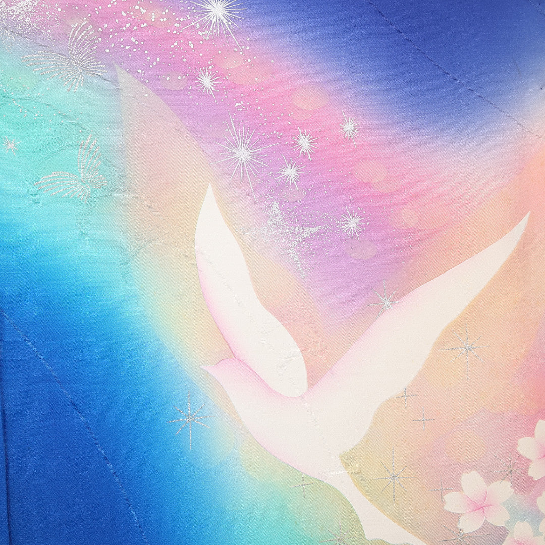 振袖 袷 身丈166cm 裄丈66cm 正絹 Aランク フォーマル 広衿 XLサイズ 蝶 鳩 青系 RP 1215-06802