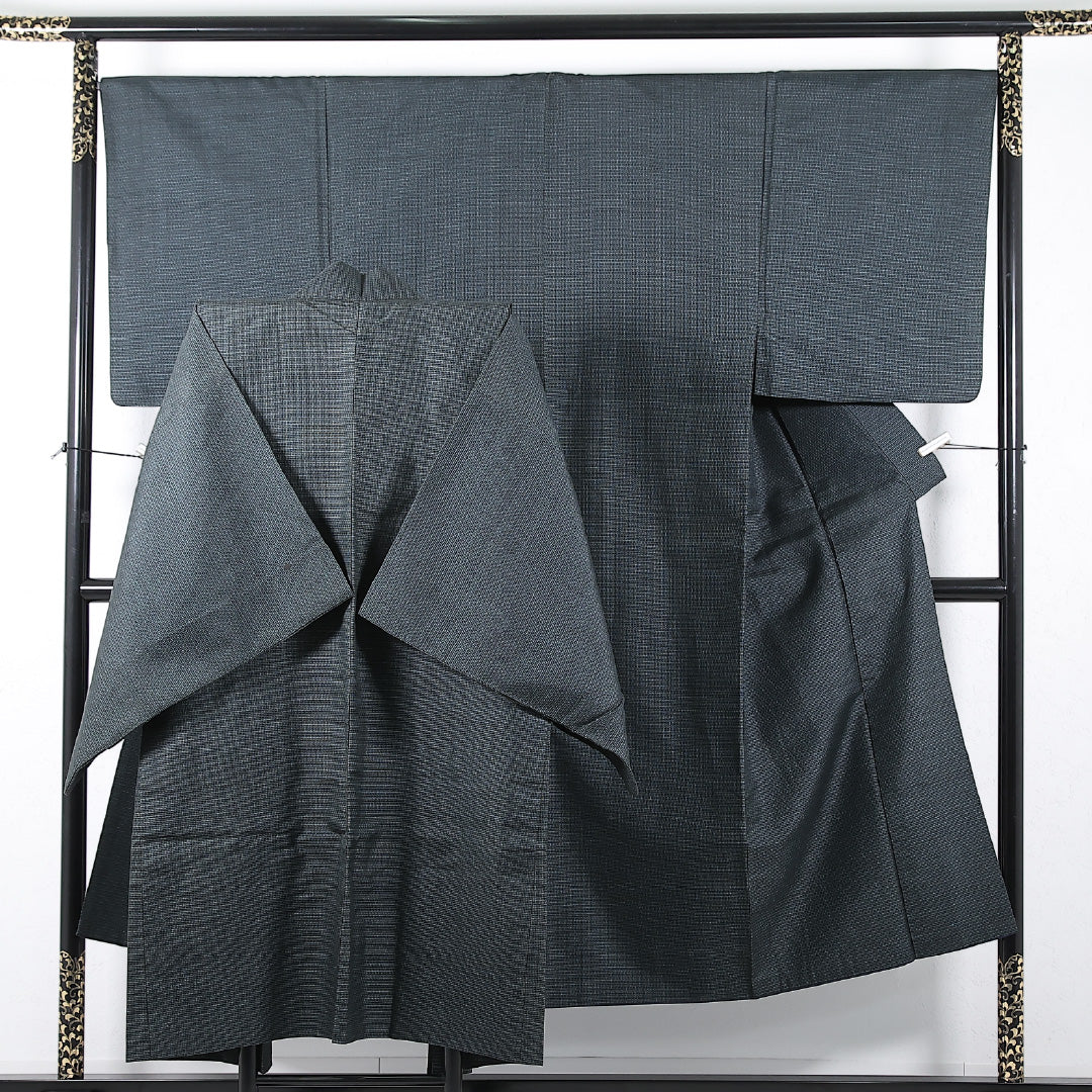 アンサンブル 男着物 (紬) 袷 身丈142cm 裄丈68cm 正絹 Cランク インフォーマル 棒衿 Mサイズ 抽象柄 緑系 RP 1224-17368