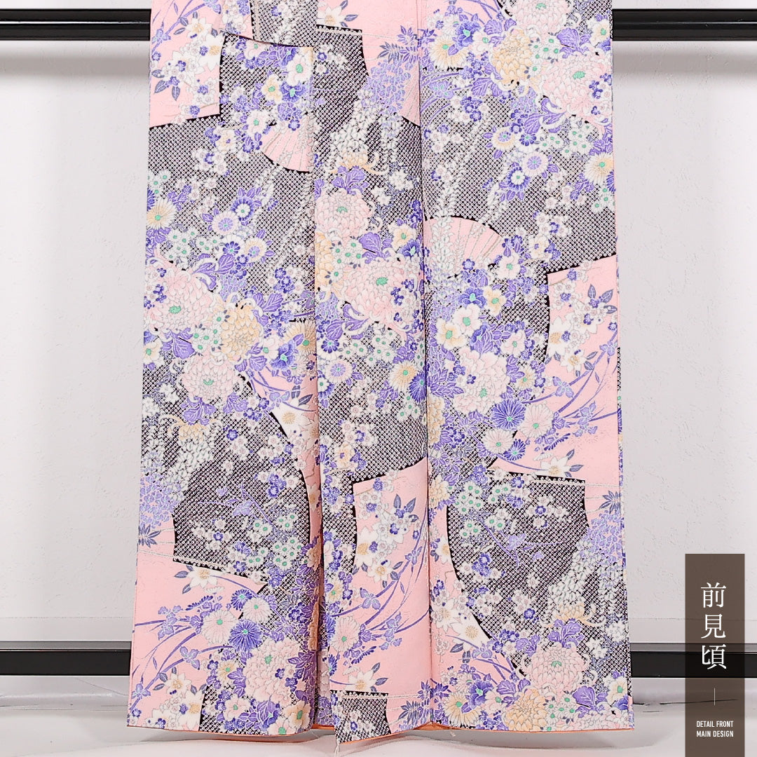 洗える着物 小紋 袷 身丈158cm 裄丈63cm ポリエステル Sランク インフォーマル 広衿 Sサイズ 花扇 ピンク系 RP 1221-17493