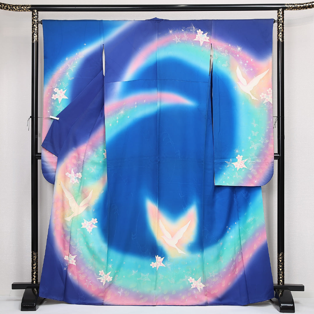 振袖 袷 身丈166cm 裄丈66cm 正絹 Aランク フォーマル 広衿 XLサイズ 蝶 鳩 青系 RP 1215-06802