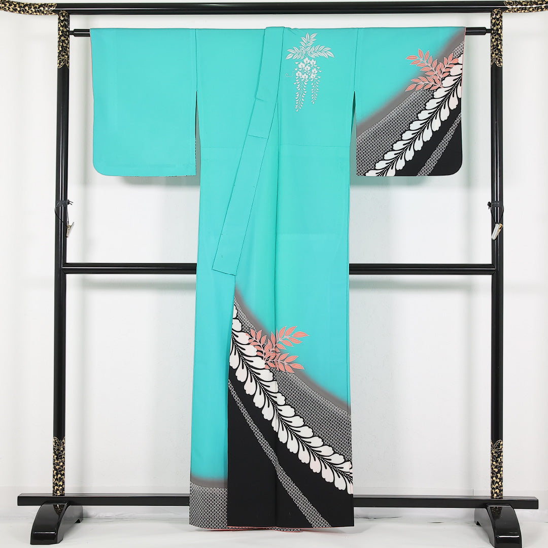 洗える着物 小紋 袷 身丈159cm 裄丈67cm ポリエステル Cランク 踊り用 バチ衿 Lサイズ 藤 緑系 LP 1221-17454