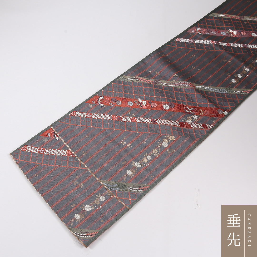 蝶 袋帯 帯丈430cm 正絹 六通 セミフォーマル グレー系 白系 1243-02623