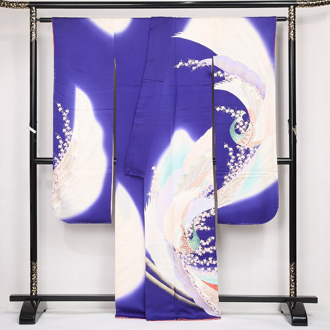 振袖 袷 身丈166cm 裄丈65cm 正絹 Bランク フォーマル 広衿 XLサイズ 鳳凰 青系 RP 1215-06801