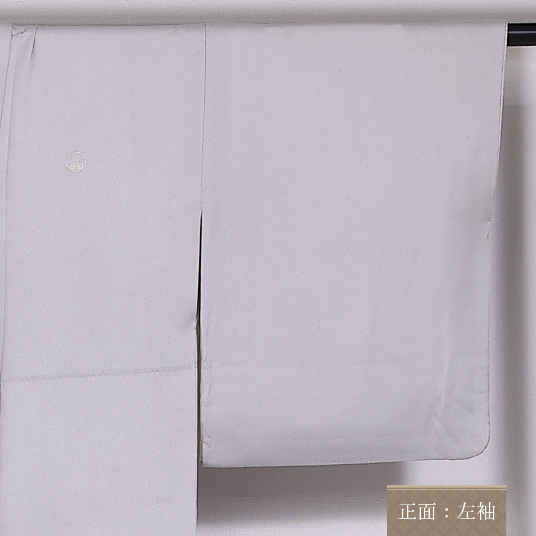 色留袖 袷 身丈158cm 裄丈63cm 正絹 Cランク 五つ紋 (抱き茗荷) フォーマル 広衿 Mサイズ 琳派 金駒刺繍 比翼 椿 グレー系 RP 1214-06543