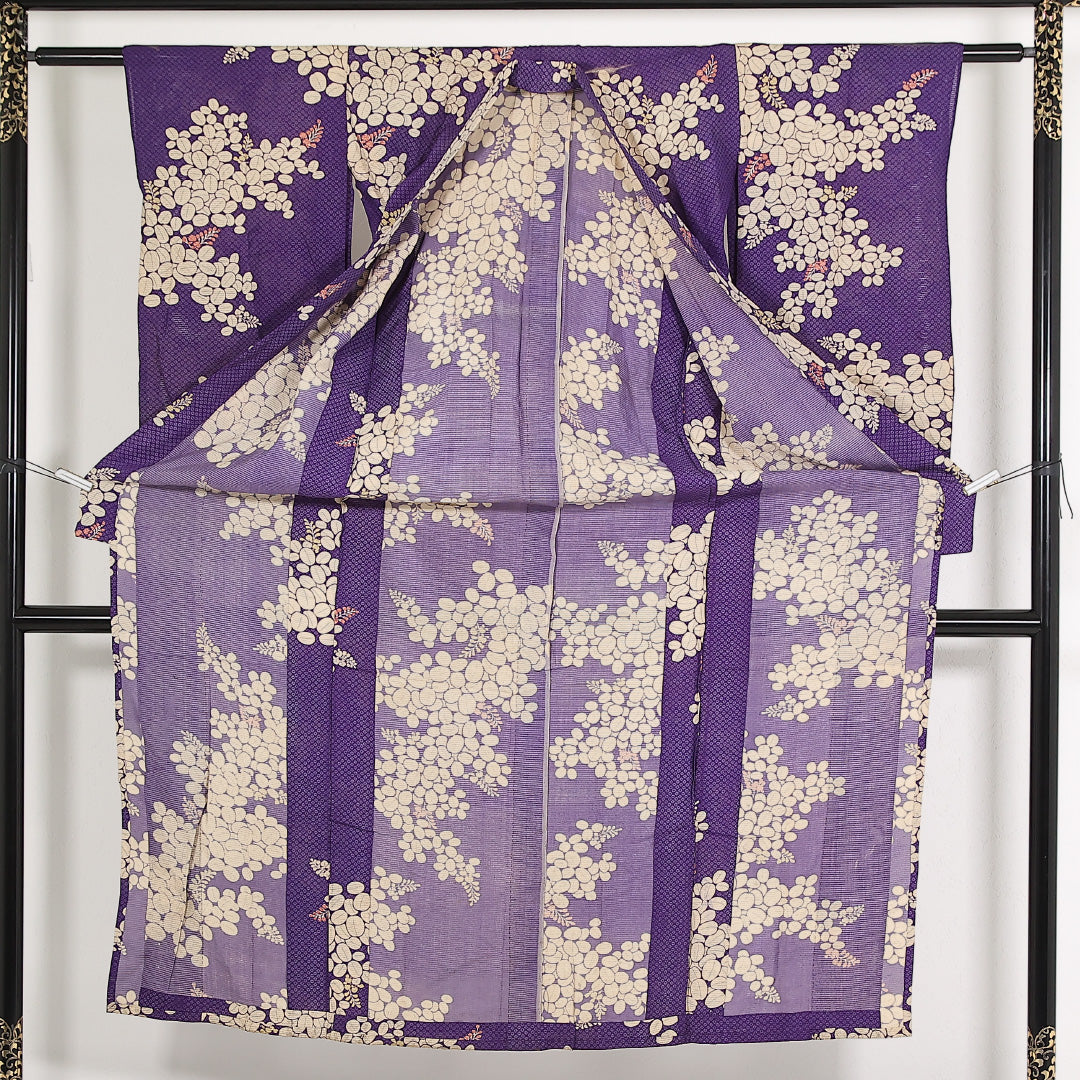 アンティーク 夏物 小振袖 絽 身丈150cm 裄丈56cm 正絹 Cランク バチ衿 Sサイズ 藤 紫系 M4 1216-17551