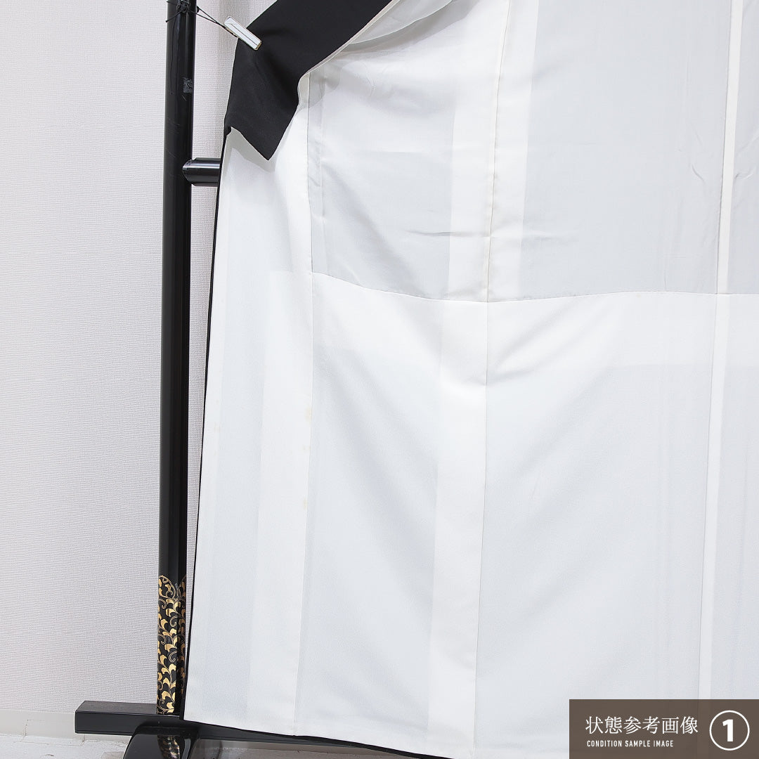 黒留袖 袷 身丈161cm 裄丈64cm 正絹 Sランク 五つ紋 (上り藤) フォーマル 広衿 Lサイズ 刺繍 比翼 落款 鏡裏文 雉 丸文 黒系 RP 1213-07081
