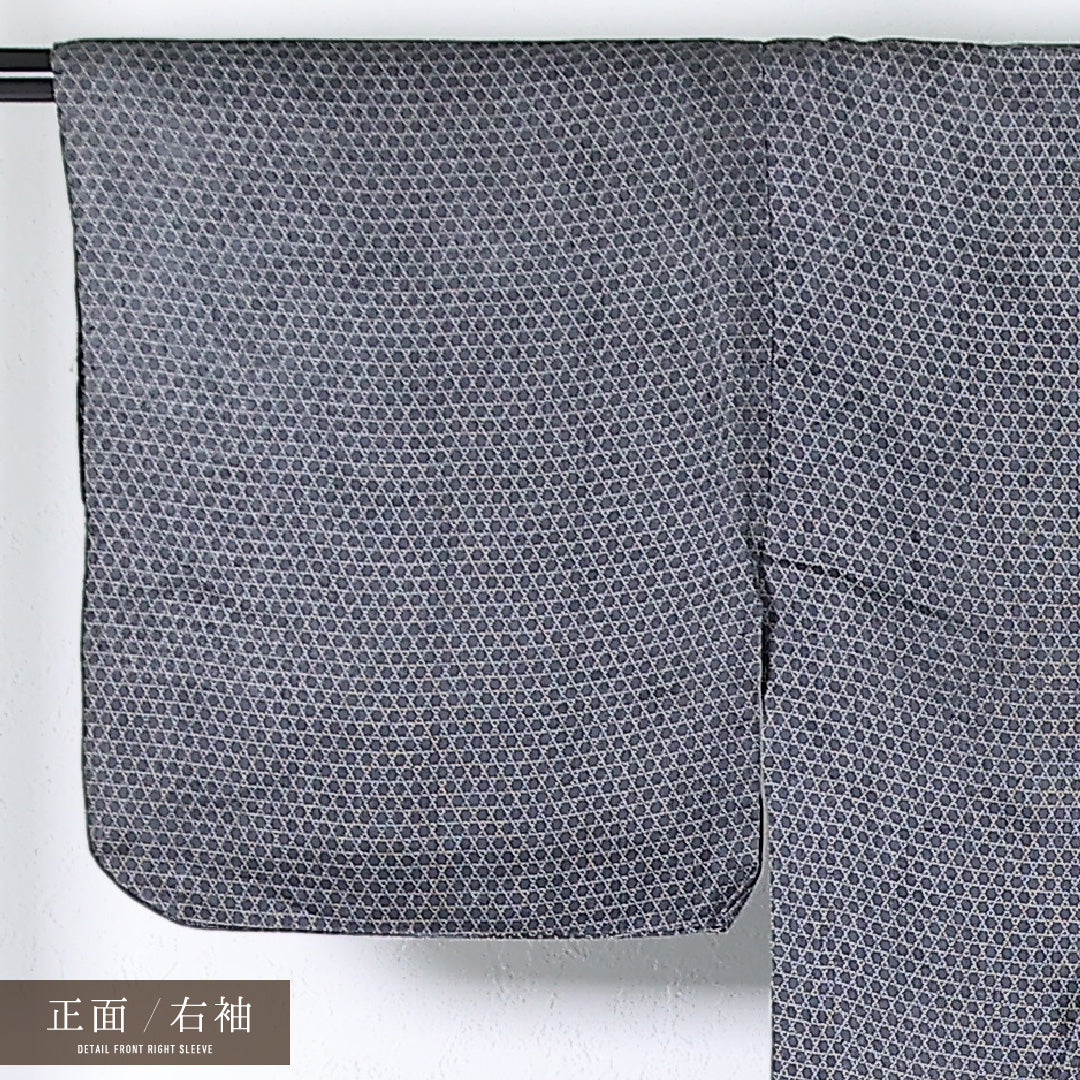 夏物 洗える着物 麻の小紋 身丈146cm 裄丈61cm 麻 Cランク インフォーマル バチ衿 2XLサイズ 籠目 グレー系 RP 1221-17378