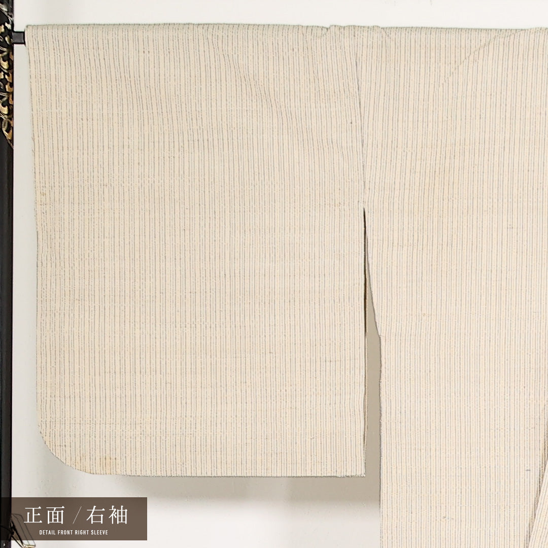 上田紬 単衣 身丈157cm 裄丈69cm 正絹 Cランク カジュアル 広衿 Mサイズ 縞 クリーム系 RP 1223-17537