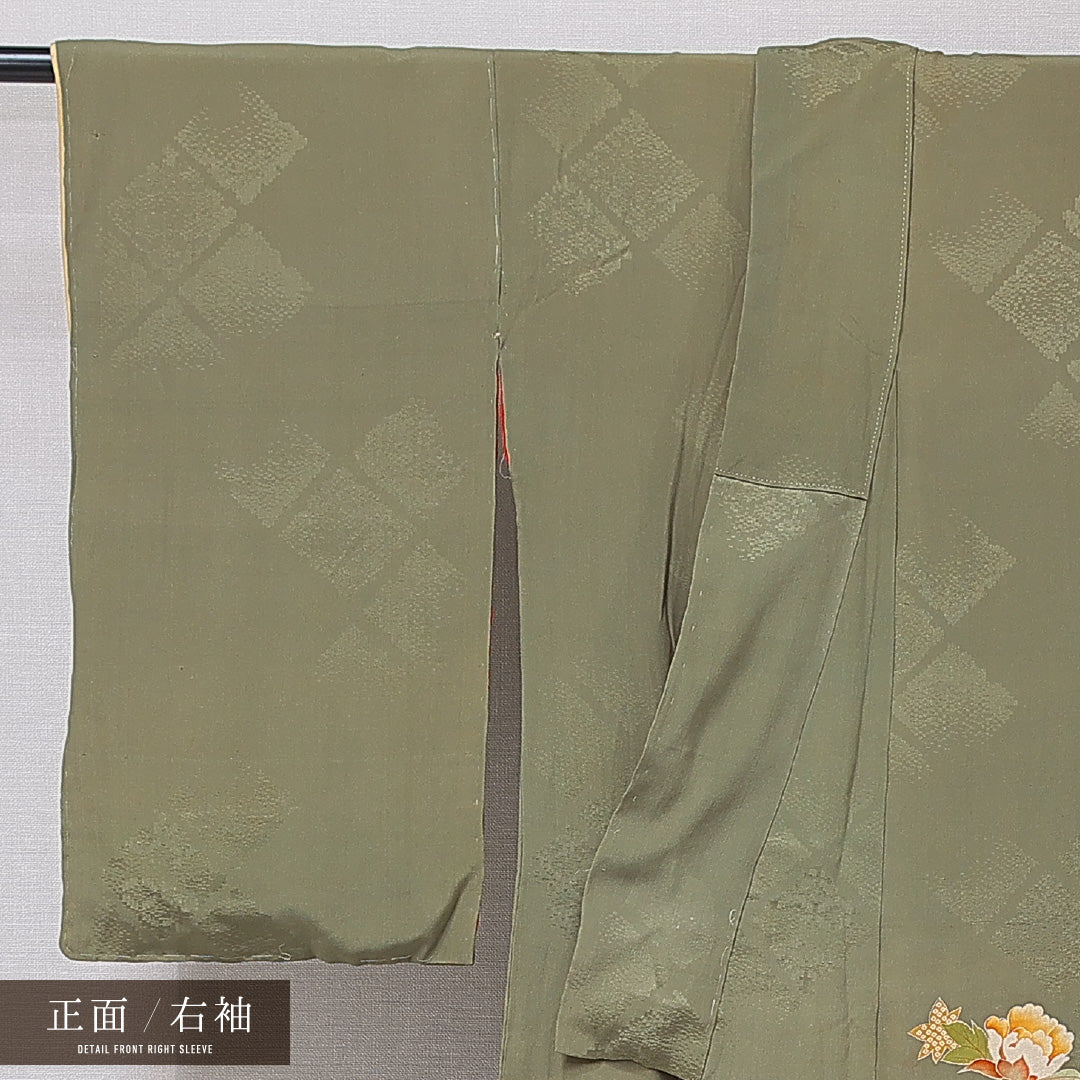 アンティーク 色留袖 (錦紗) 袷 身丈145cm 裄丈60cm 正絹 Bランク 一つ紋 広衿 XSサイズ 花鼓 緑系 RP 1214-07102