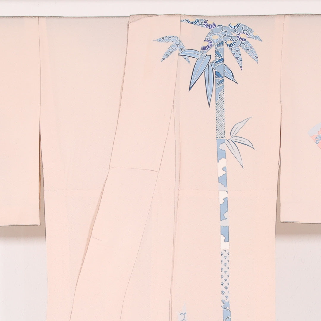 訪問着 単衣 身丈158cm 裄丈63cm 正絹 Bランク セミフォーマル 広衿 XLサイズ 刺繍 扇面文 鶴 ピンク系 RP 1217-17521