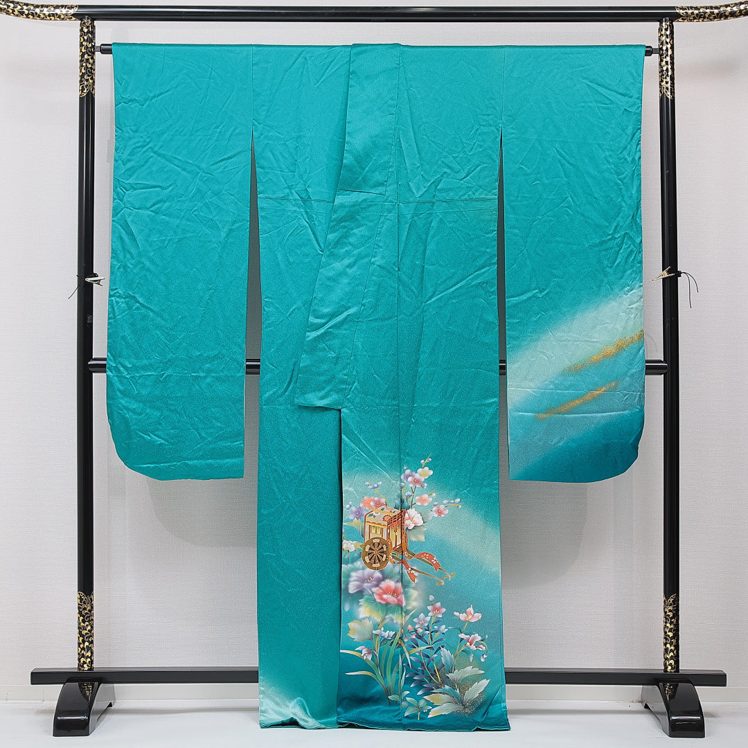 振袖 袷 身丈167cm 裄丈66cm 正絹 Aランク フォーマル 広衿 XLサイズ 御所車 梅 青系 RP 1215-06987