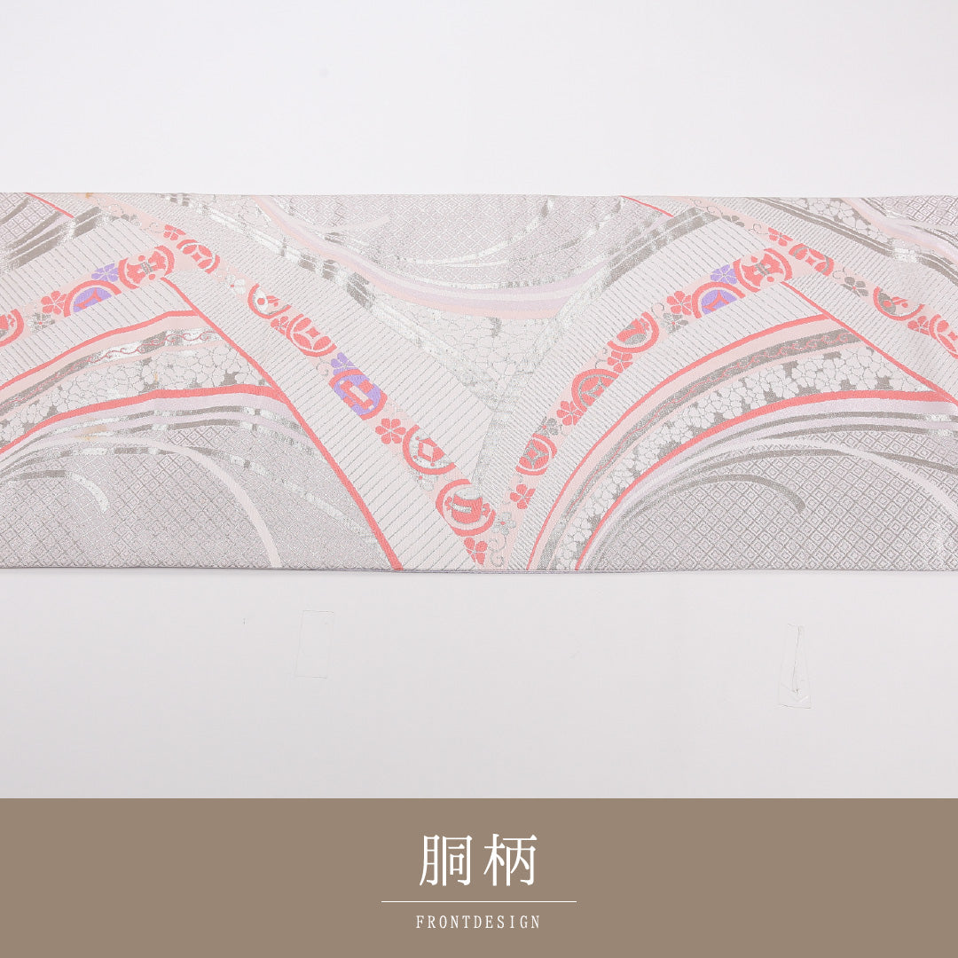 袋帯 帯丈432cm 正絹 六通 セミフォーマル 宝尽くし ピンク系 1243-02542