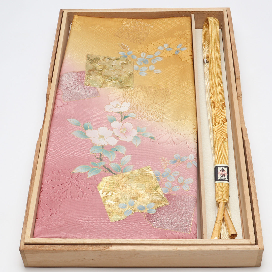 未使用品 帯締め・帯揚げセット 礼装用 正絹 平組紐 笹浪組 綸子 ピンク系 黄系 1254-01016