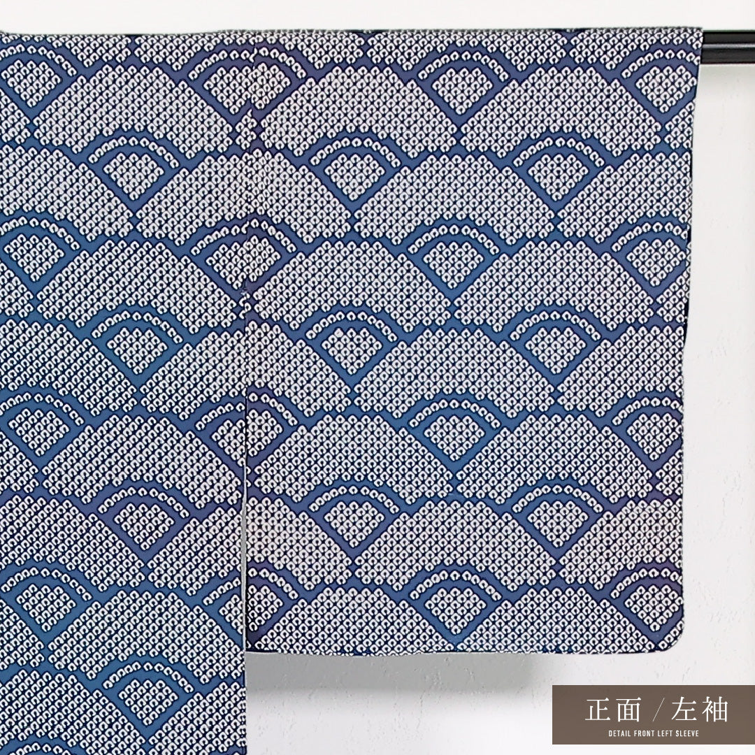 洗える着物 付下げ 単衣 身丈153cm 裄丈62cm ポリエステル Sランク 踊り用 バチ衿 Mサイズ 青海波 荒磯 青系 RP 1218-17433
