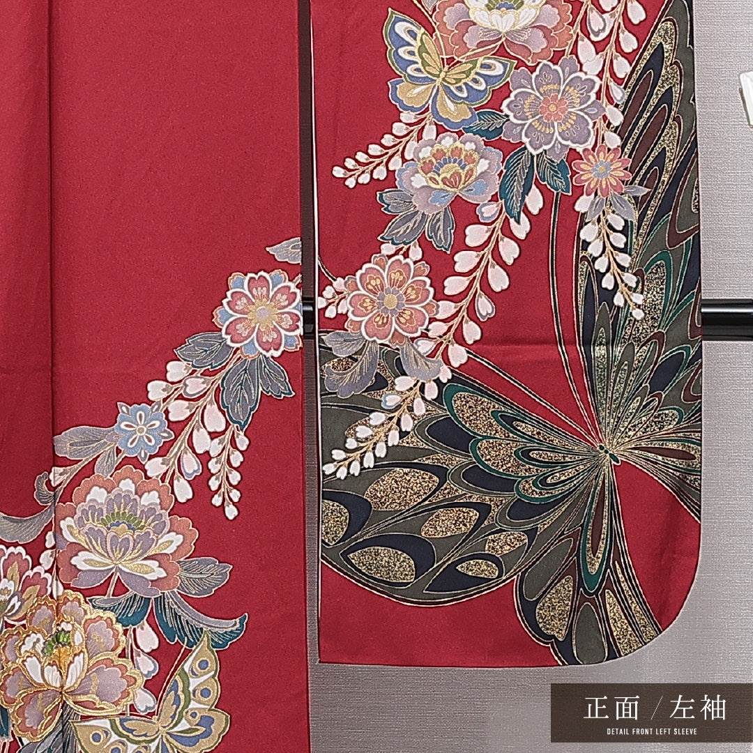 振袖 袷 身丈167cm 裄丈66cm 正絹 Sランク フォーマル 広衿 XLサイズ 蝶 牡丹 赤系 RP 1215-07009
