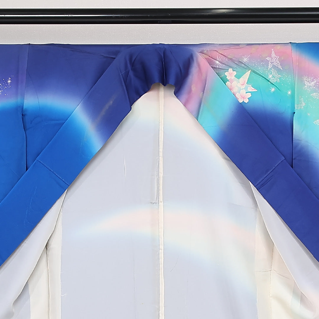 振袖 袷 身丈166cm 裄丈66cm 正絹 Aランク フォーマル 広衿 XLサイズ 蝶 鳩 青系 RP 1215-06802