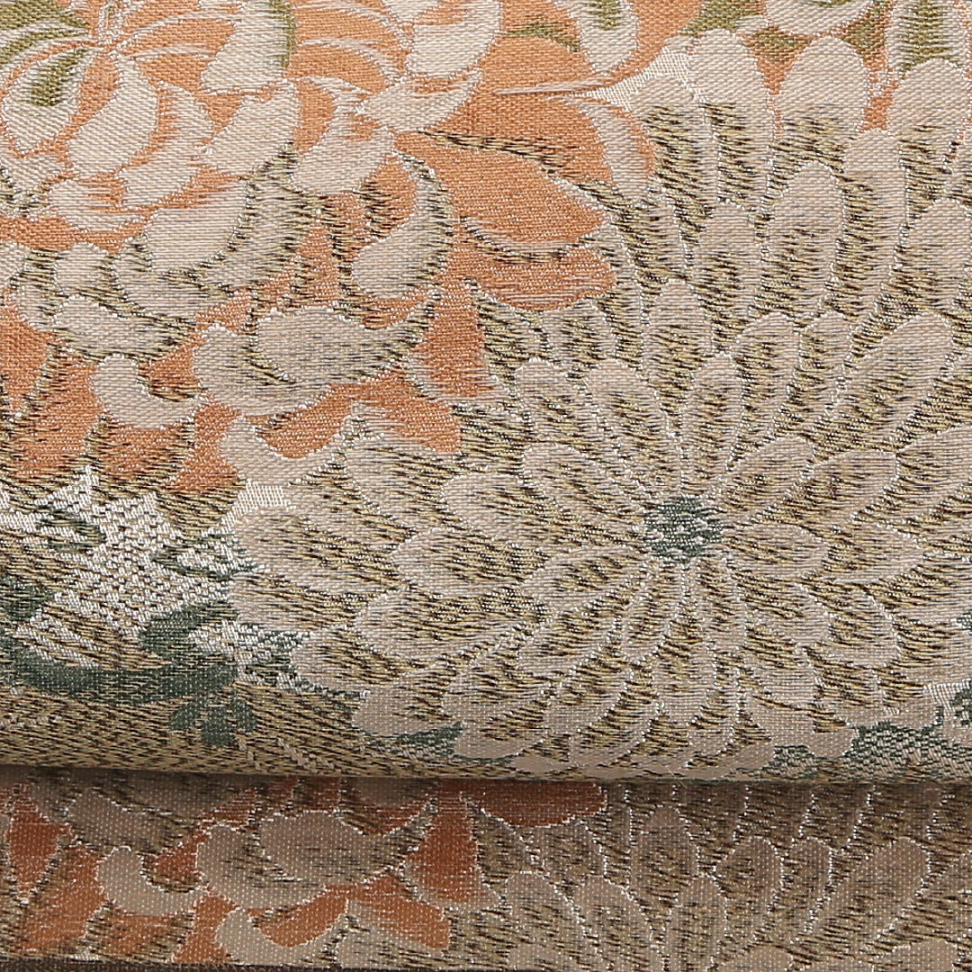 アンティーク 丸帯 帯丈392cm 正絹 全通 鶴 菊 クリーム系 1242-02570