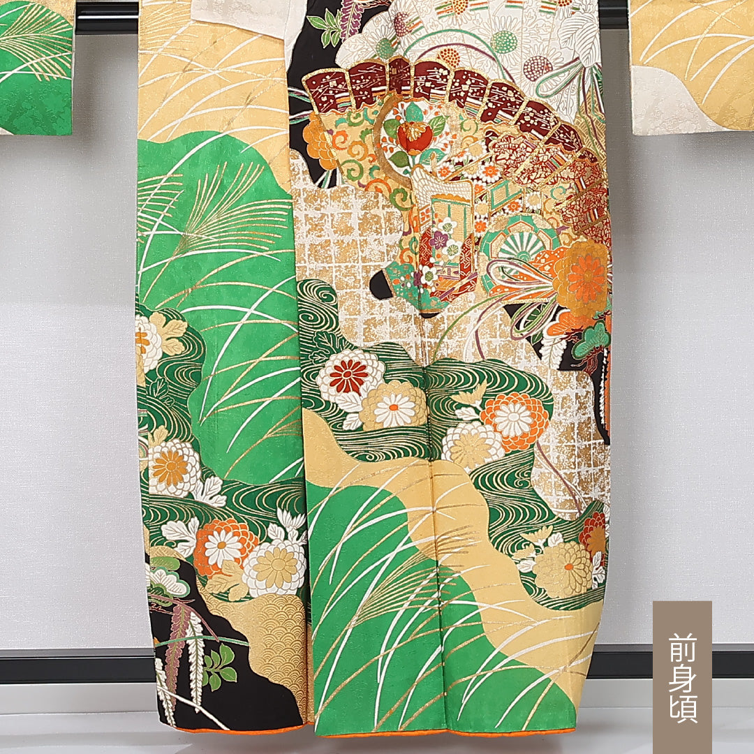振袖 袷 身丈158cm 裄丈63cm 正絹 Bランク フォーマル 広衿 Mサイズ 刺繍 貝桶 牡丹 松 多色系 RP 1215-06738