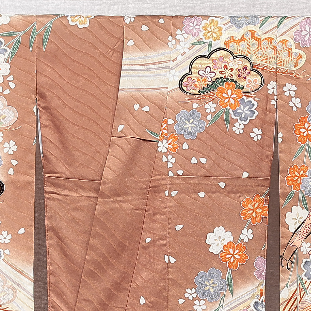 振袖 袷 身丈166cm 裄丈65cm 正絹 Sランク フォーマル 広衿 XLサイズ 御所車 菊 茶系 RP 1215-06979