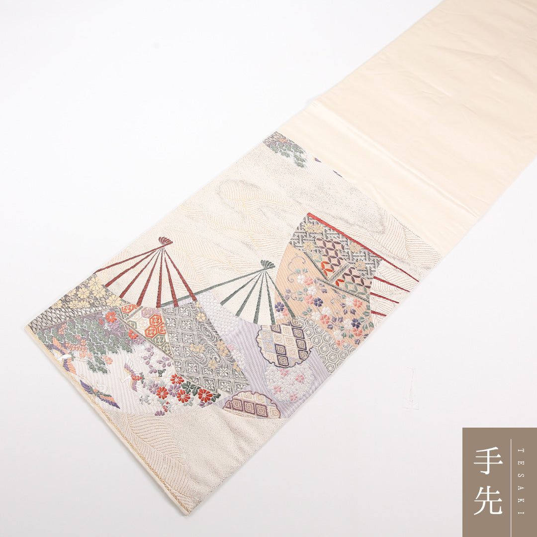 袋帯 帯丈416cm 正絹 六通 フォーマル 扇面文 クリーム系 1243-02538